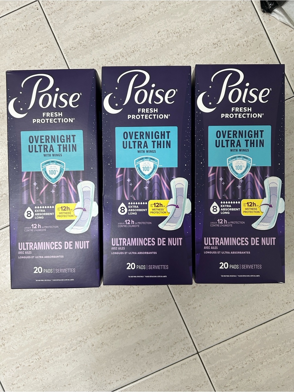 NEW 🆕 Lot of three Poise Overnight Ultra Thin Pads with Wings - 3x20 Count
